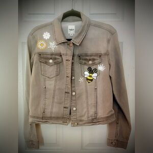 Kensie Grey Denim Jacket with Queen Bee & Daisy Embellishments